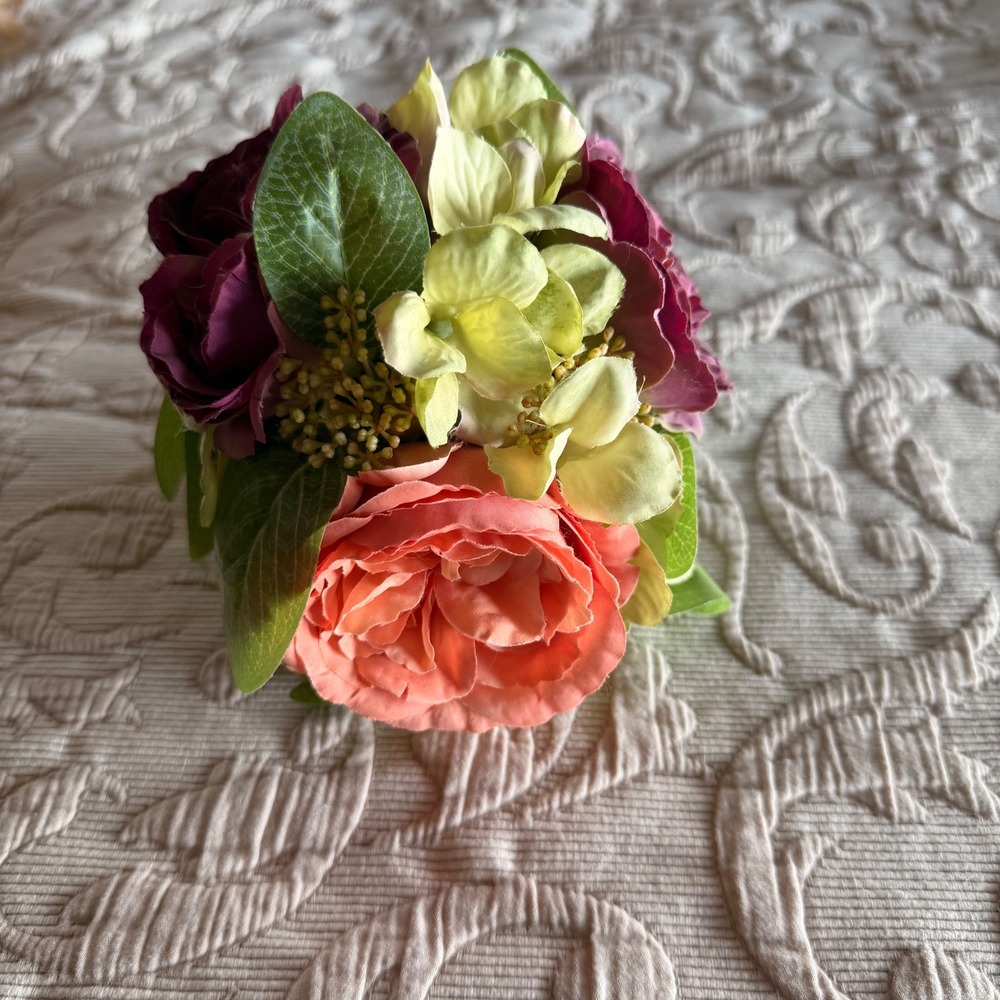 Artificial Silk Floral Rose Hydrangea Arrangement Coral Burgundy Green 6 inch